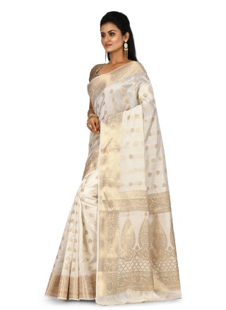 Off White Banarasi Silk Traditional Saree