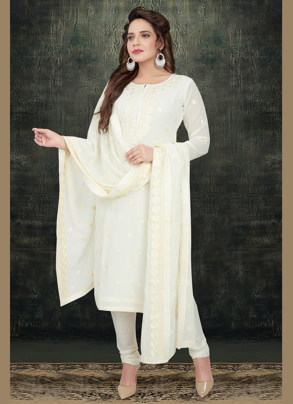 Buy Off White Embroidered Georgette ...