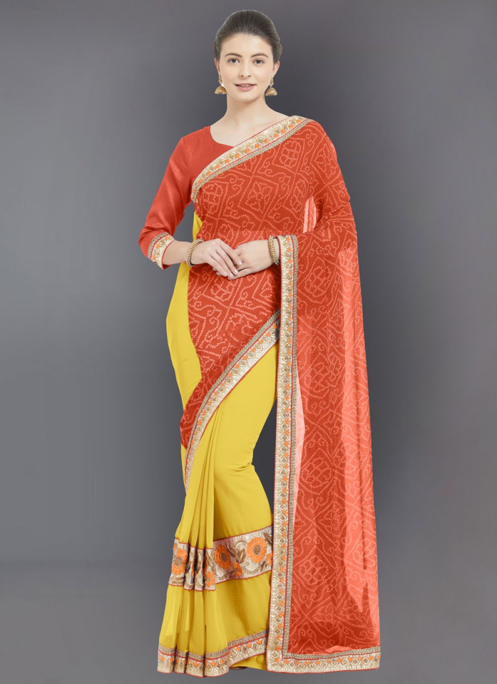 Buy Orange Embroidered Festival Half N Half Saree : 146781 -