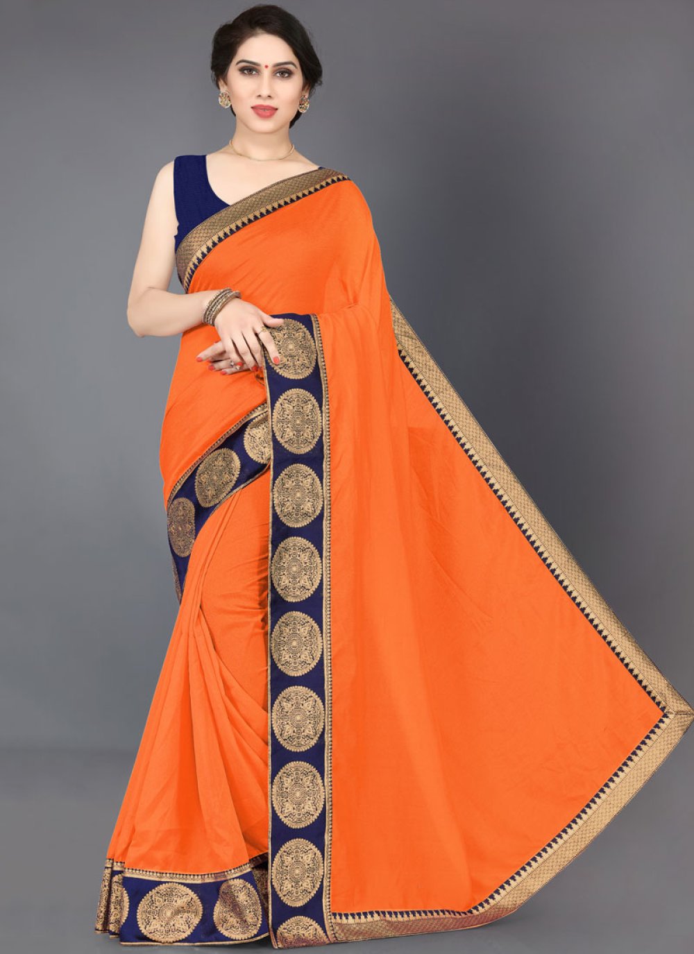 Buy Online Orange Silk Border Designer Saree : 142921