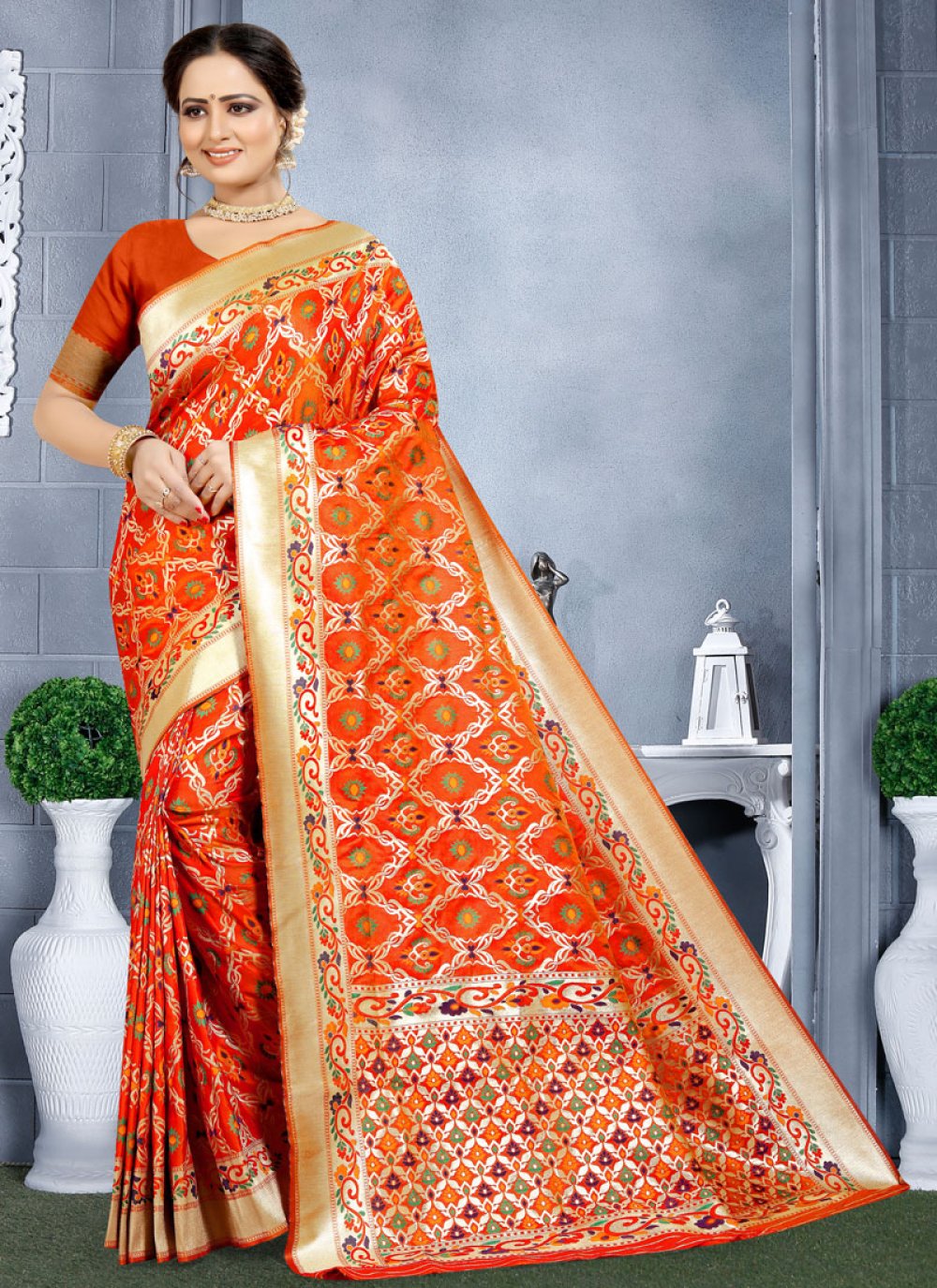 The Rust Orange Banarasi Silk Woven Saree: 