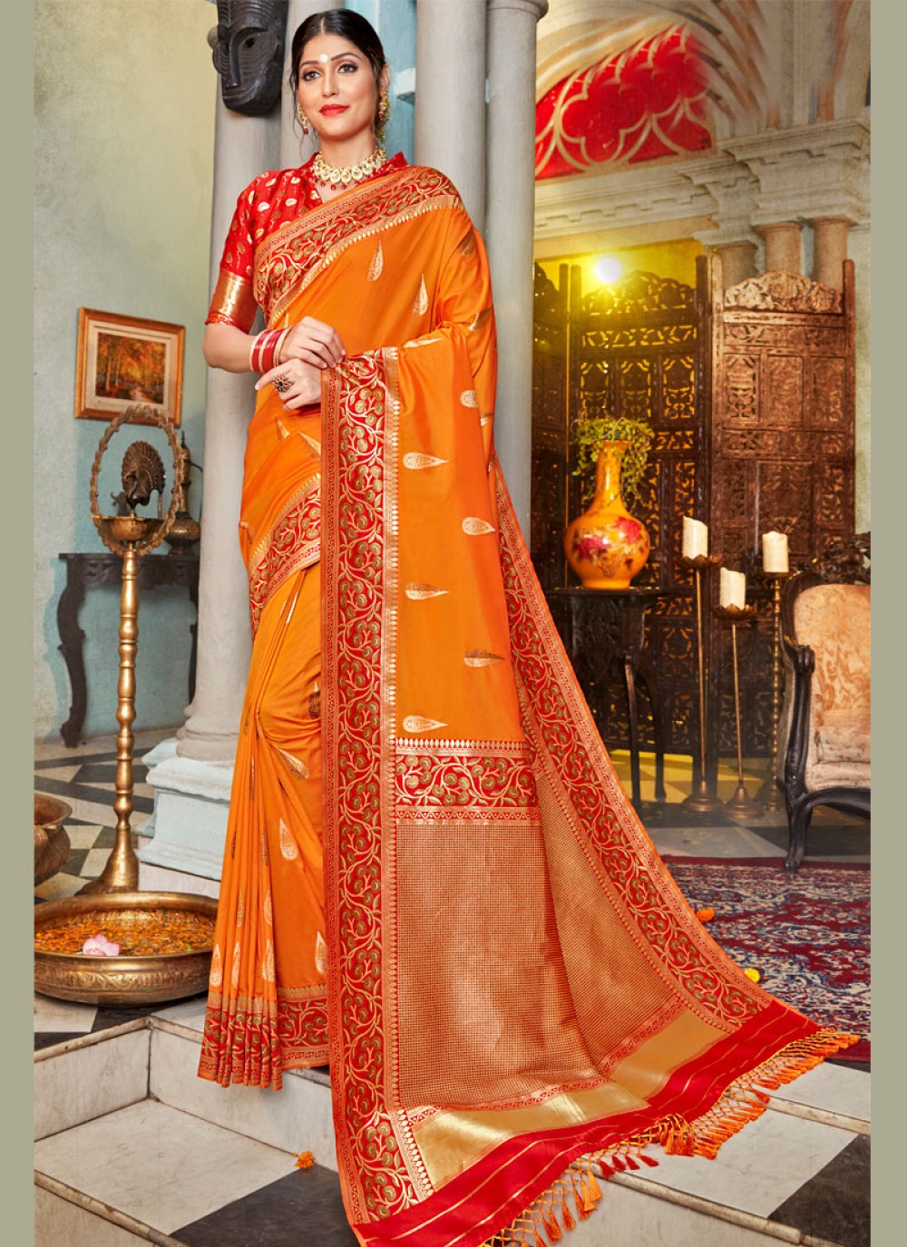 Orange And Red Pure Silk Kanjivaram Saree | Laxmi Style