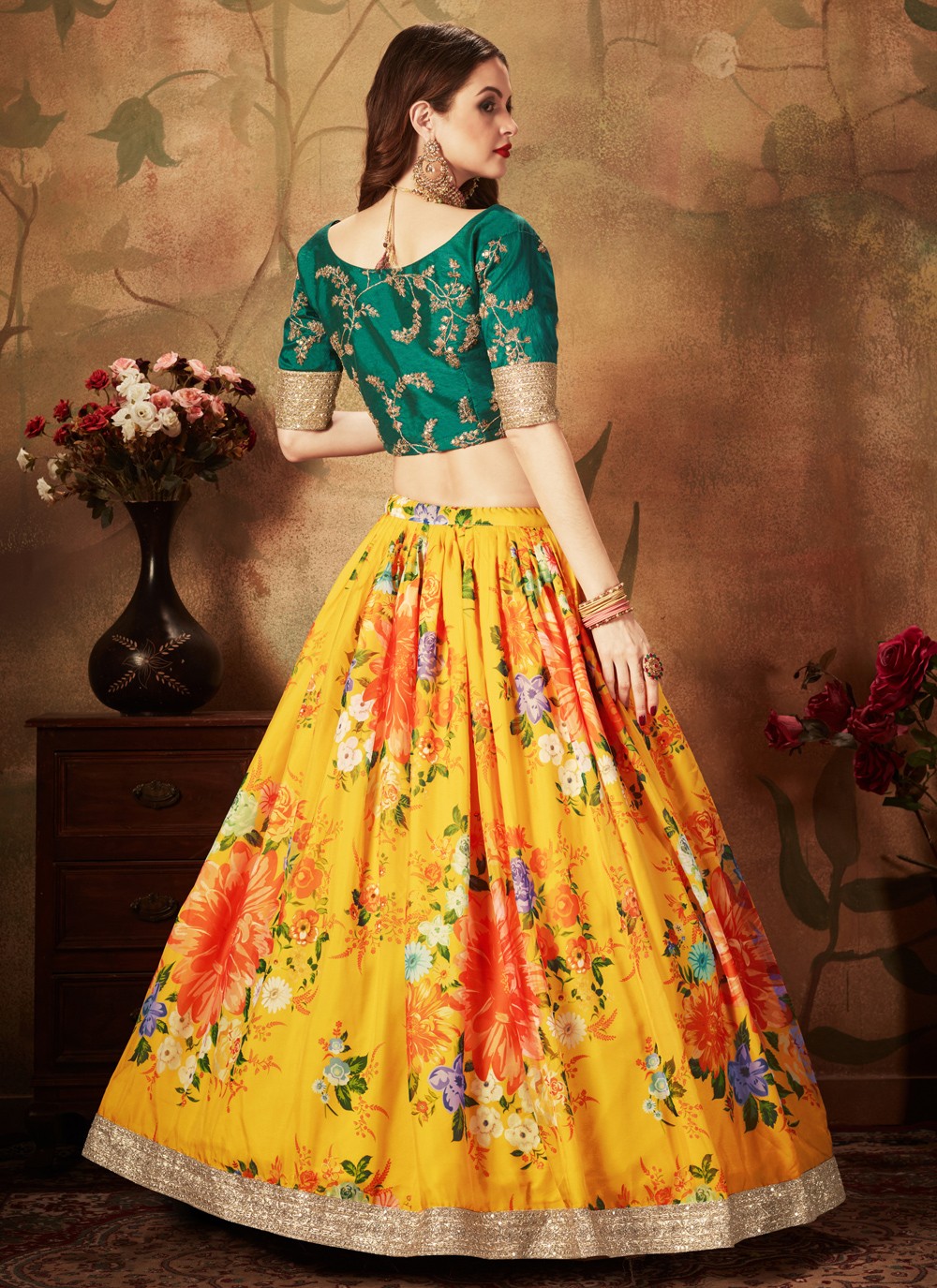 Beige - Floral Print - Lehenga Choli Online: Latest Indian Lehenga/Ghagra  In Stunning Designs at Utsav Fashion