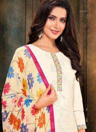 Pant Style Suit Embroidered Cotton in Off White