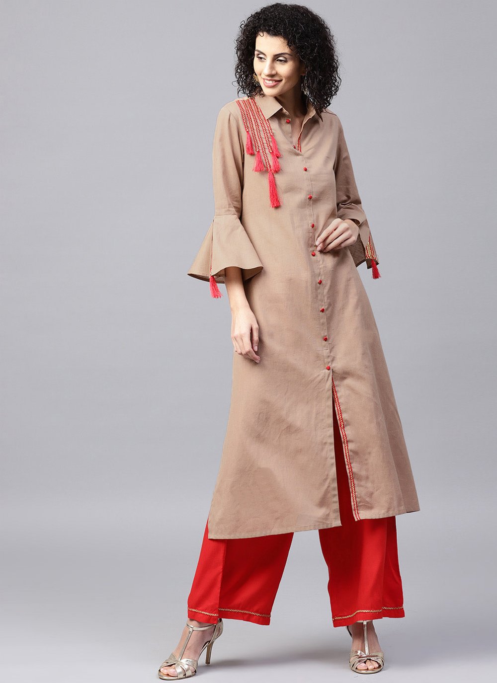 Party Wear Kurti Patchwork Cotton in Brown
