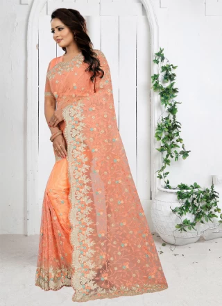 Peach Embroidered Festival Traditional Saree