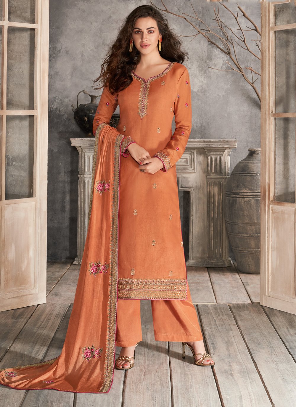 Shop Peach Embroidered Silk Trendy Salwar Kameez Online 156278