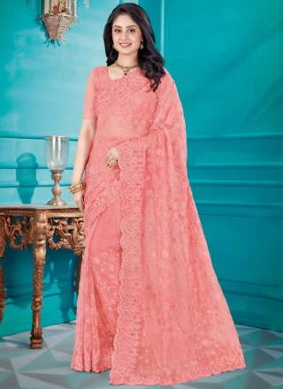 Pink Embroidered Net Classic Saree