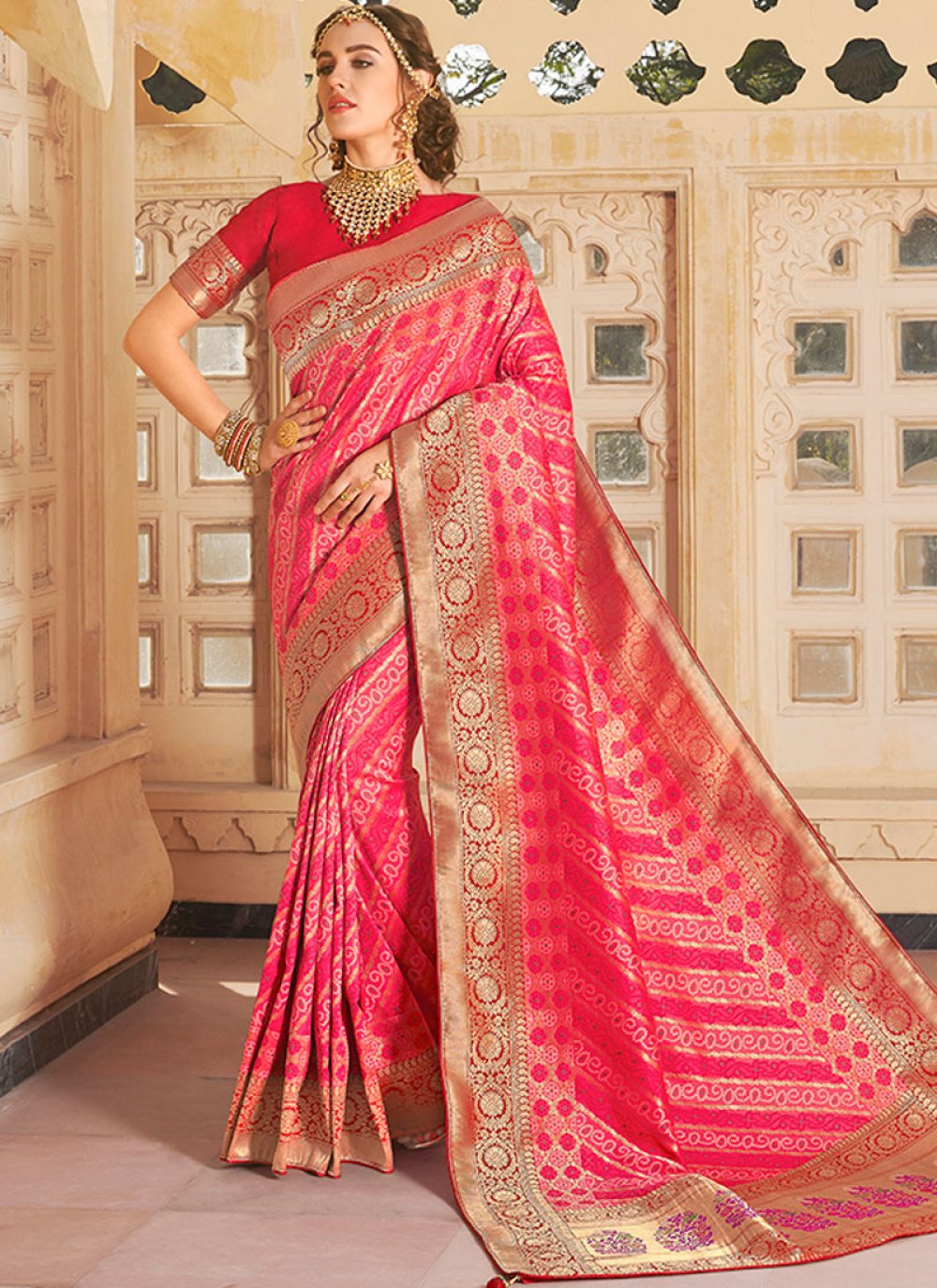 Pink Embroidered Silk Classic Saree buy online