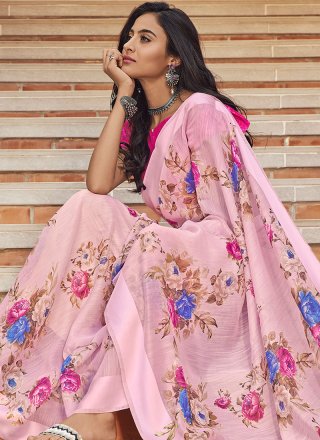 Pink Linen Printed Designer Saree