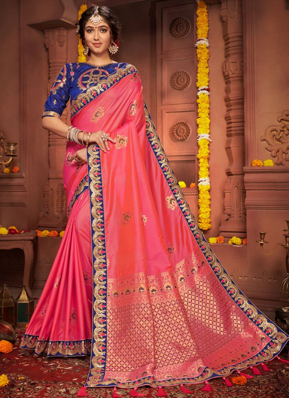 Buy Pink Zari Silk Classic Saree Online