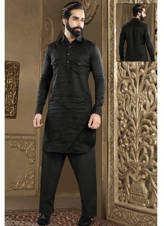 Plain Art Dupion Silk Kurta Pyjama in Black