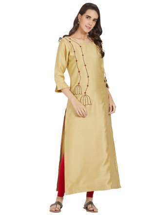 Polyester Embroidered Beige Party Wear Kurti