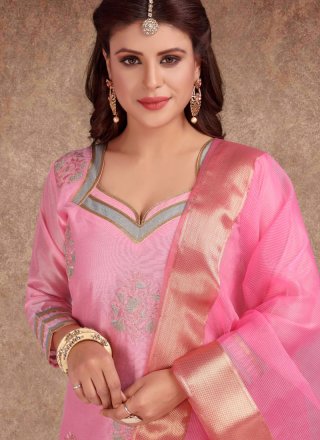 Printed Chanderi Churidar Salwar Kameez in Pink