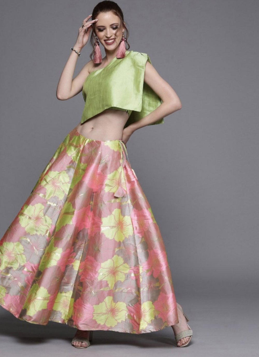 green lehenga with pink choli