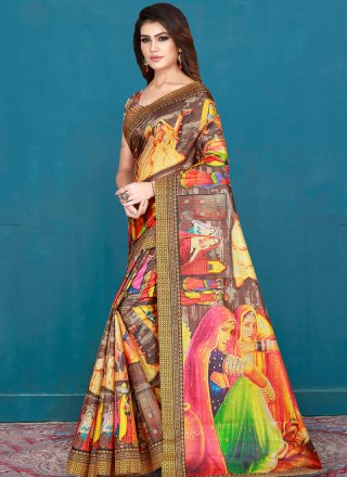 Printed Multi Colour Khadi Silk Silk Saree