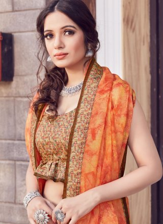 Printed Orange Silk Trendy Saree