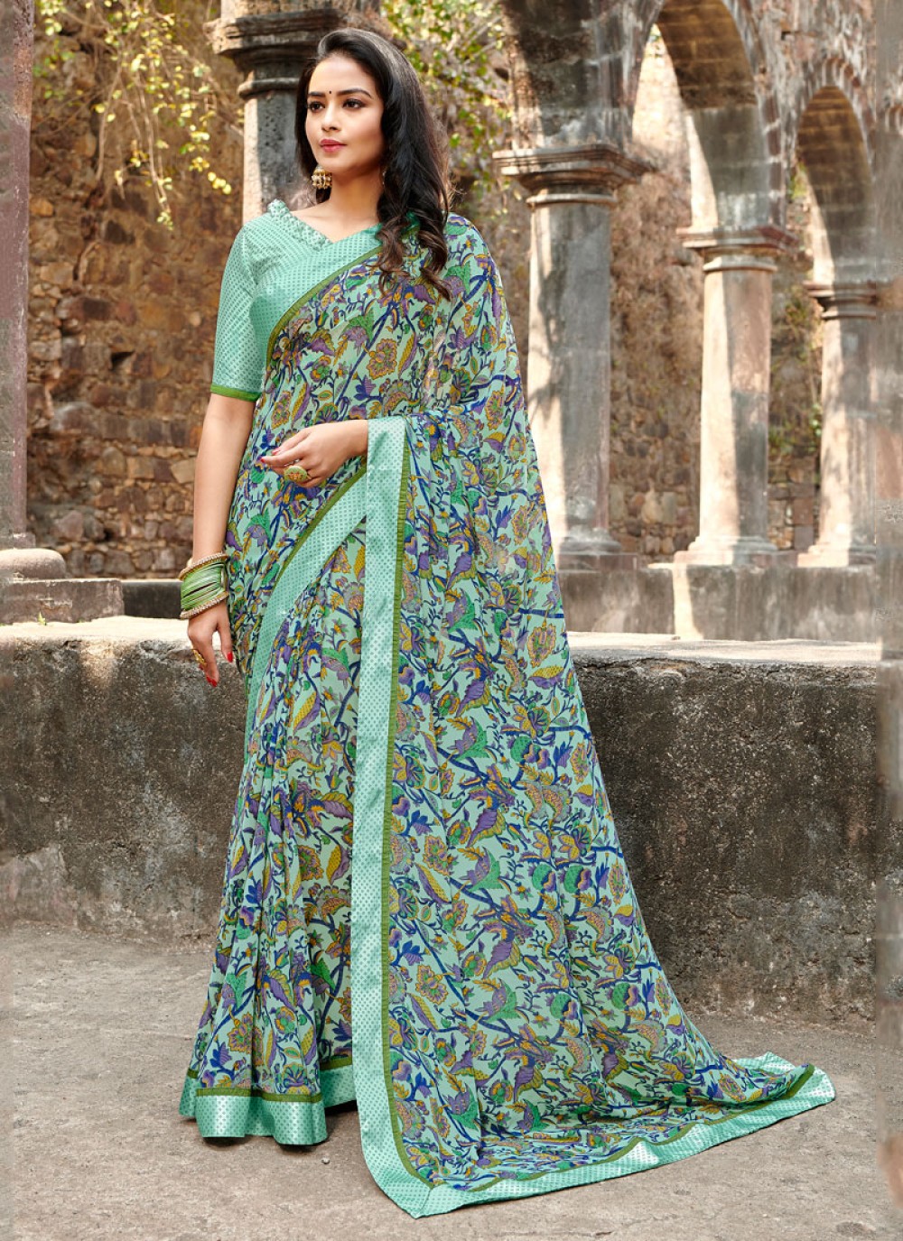 Shop Online Printed Saree Floral Print Satin Silk in Multi Colour : 148163 