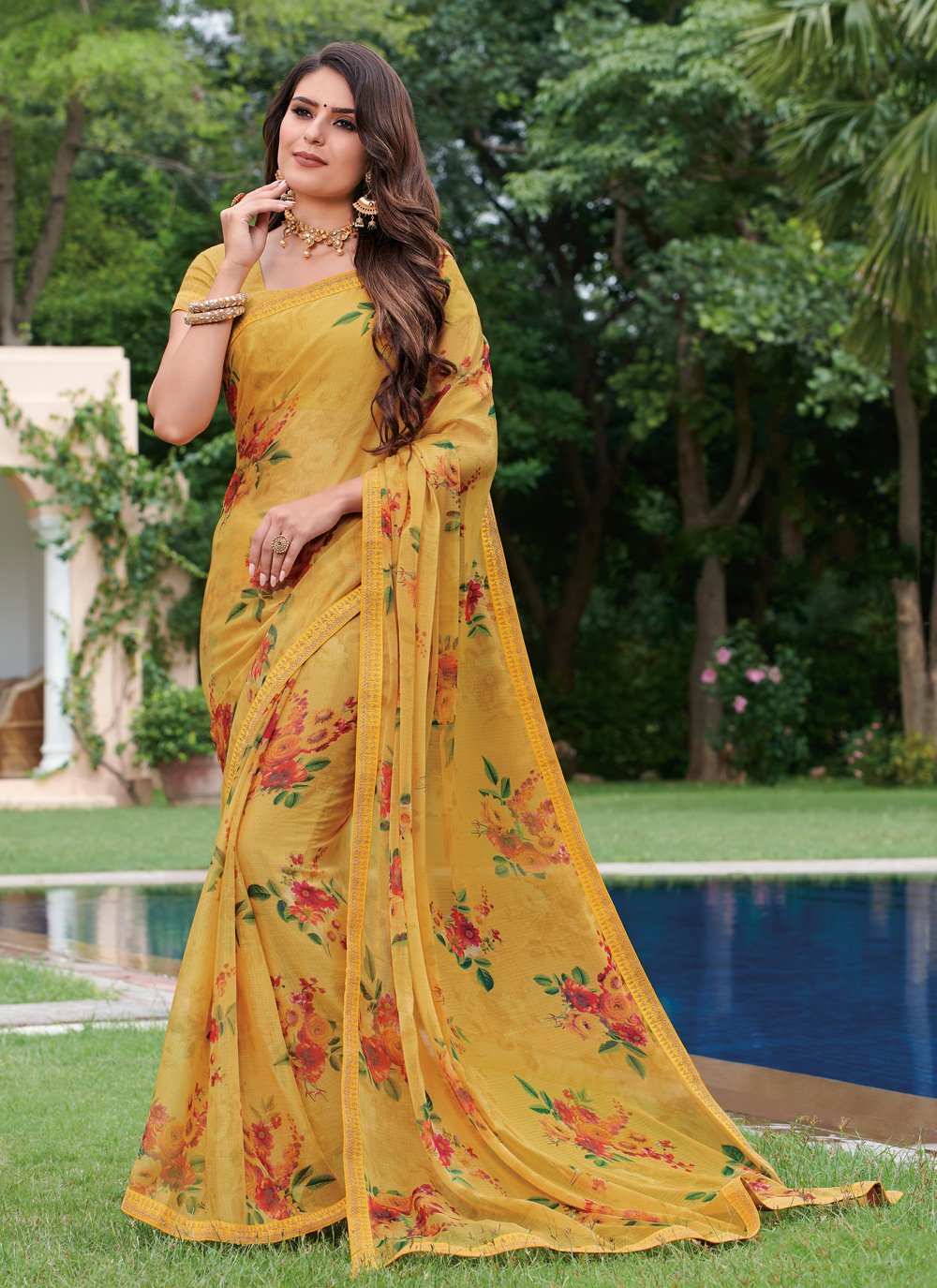 Multicolor Georgette Printed Saree With Piping Border And Fancy Printed  Blouse Piece - ROOP KASHISH - 4144609