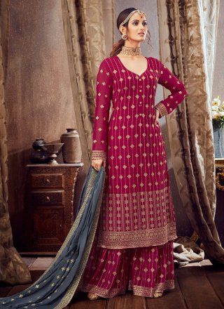 Pure Georgette Pink Embroidered Palazzo Salwar Suit