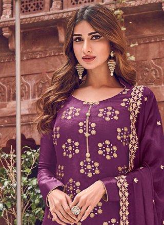 Purple Embroidered Silk Trendy Straight Salwar Kameez