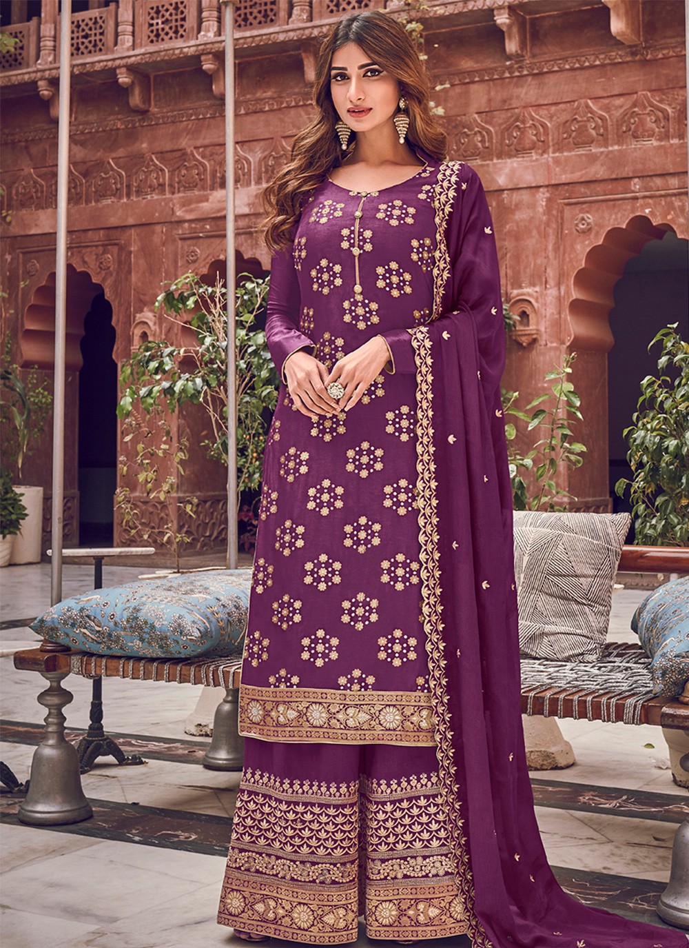 Purple Embroidered Silk Trendy Straight Salwar Kameez buy online ...