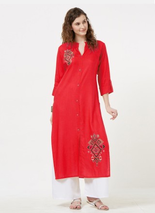 Rayon Embroidered Red Casual Kurti
