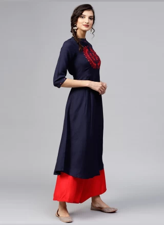 Rayon Navy Blue Embroidered Party Wear Kurti