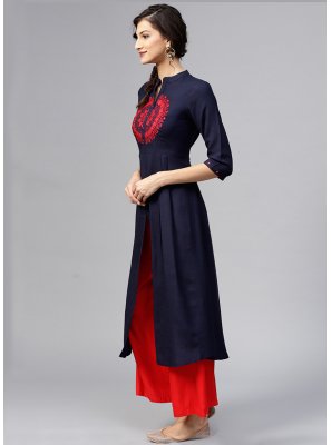 Rayon Navy Blue Embroidered Party Wear Kurti
