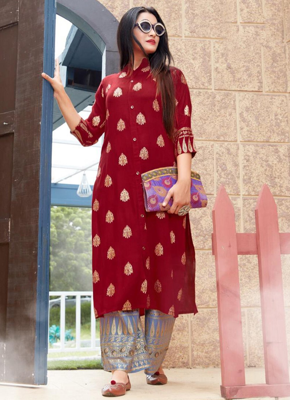 Designer Maroon Palazzo Kurta Set  designer long kurti with palazzo