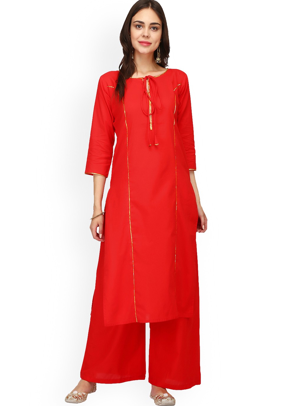 Red Sinduri cotton casual wear embroidered Kurti Palazzo