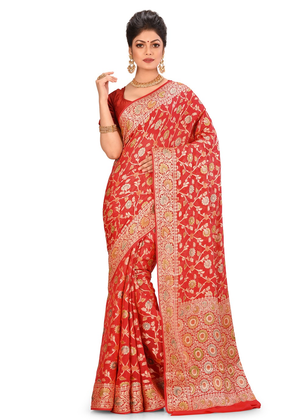 Buy Red Art Silk Banarasi Saree Festive Wear Online at Best Price | Cbazaar