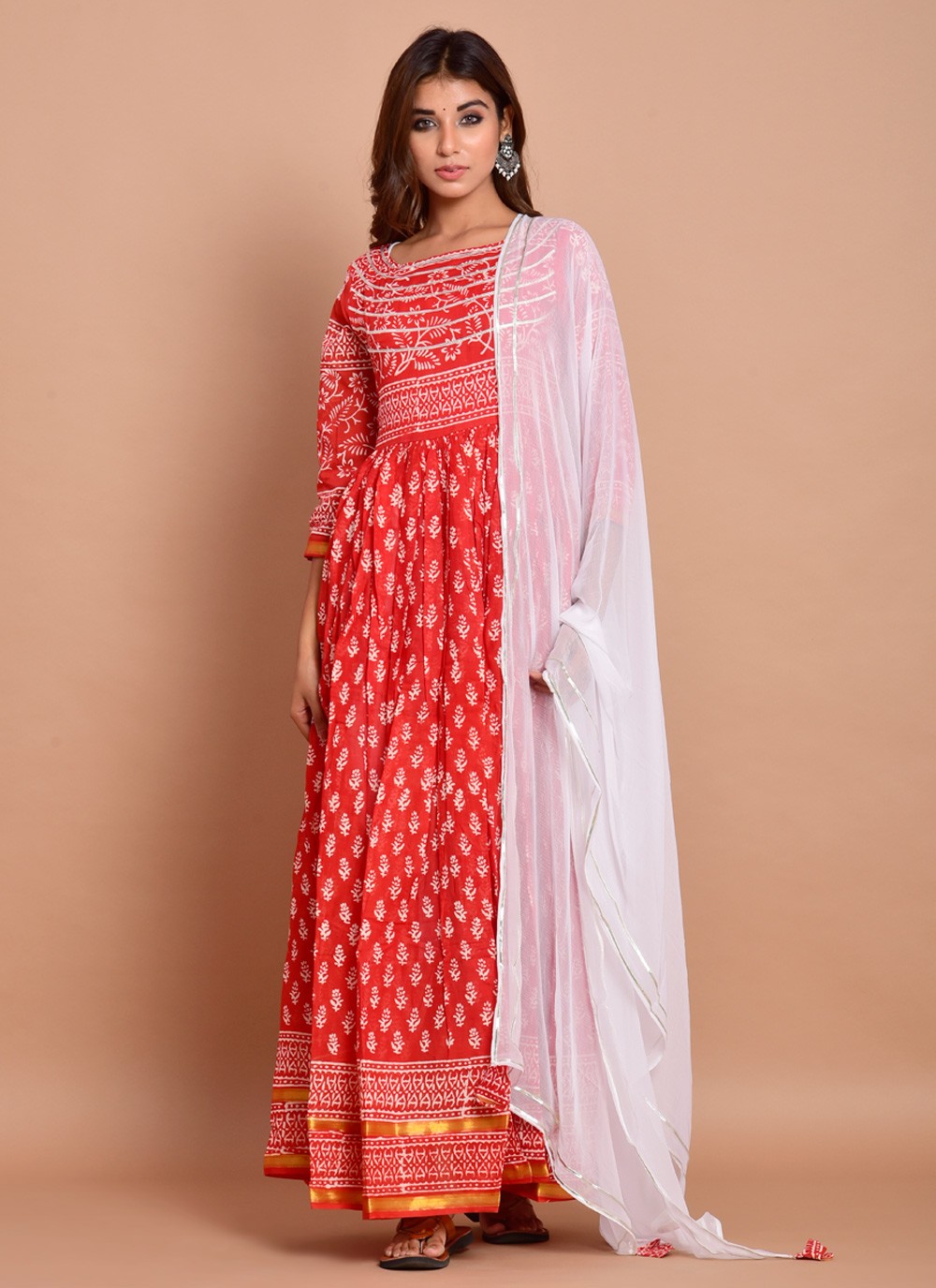 Red Block Print Cotton Readymade Trendy Gown 