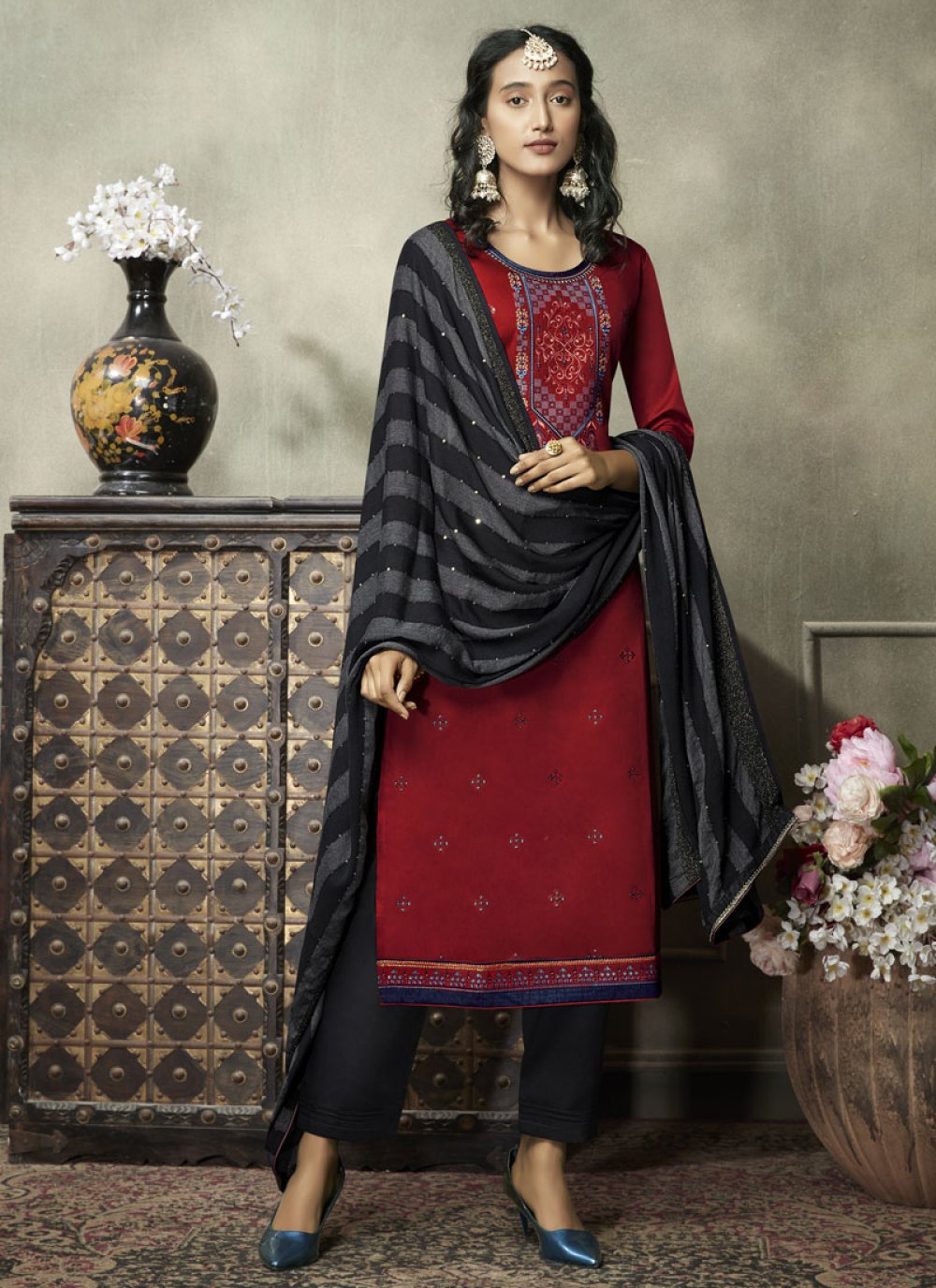 Buy Red Cotton Embroidered Designer Suit Online