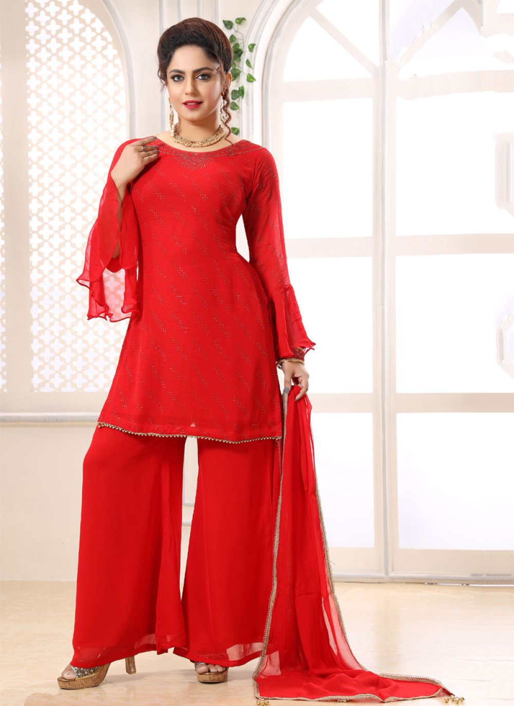 Buy Online Red Georgette Wedding Designer Palazzo Salwar Kameez : 154595