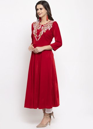 Red Plain Velvet Readymade Salwar Kameez