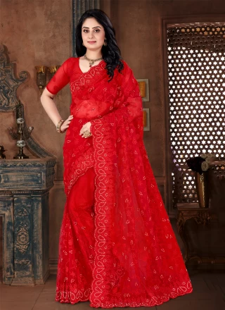 Red Resham Net Classic Designer Saree