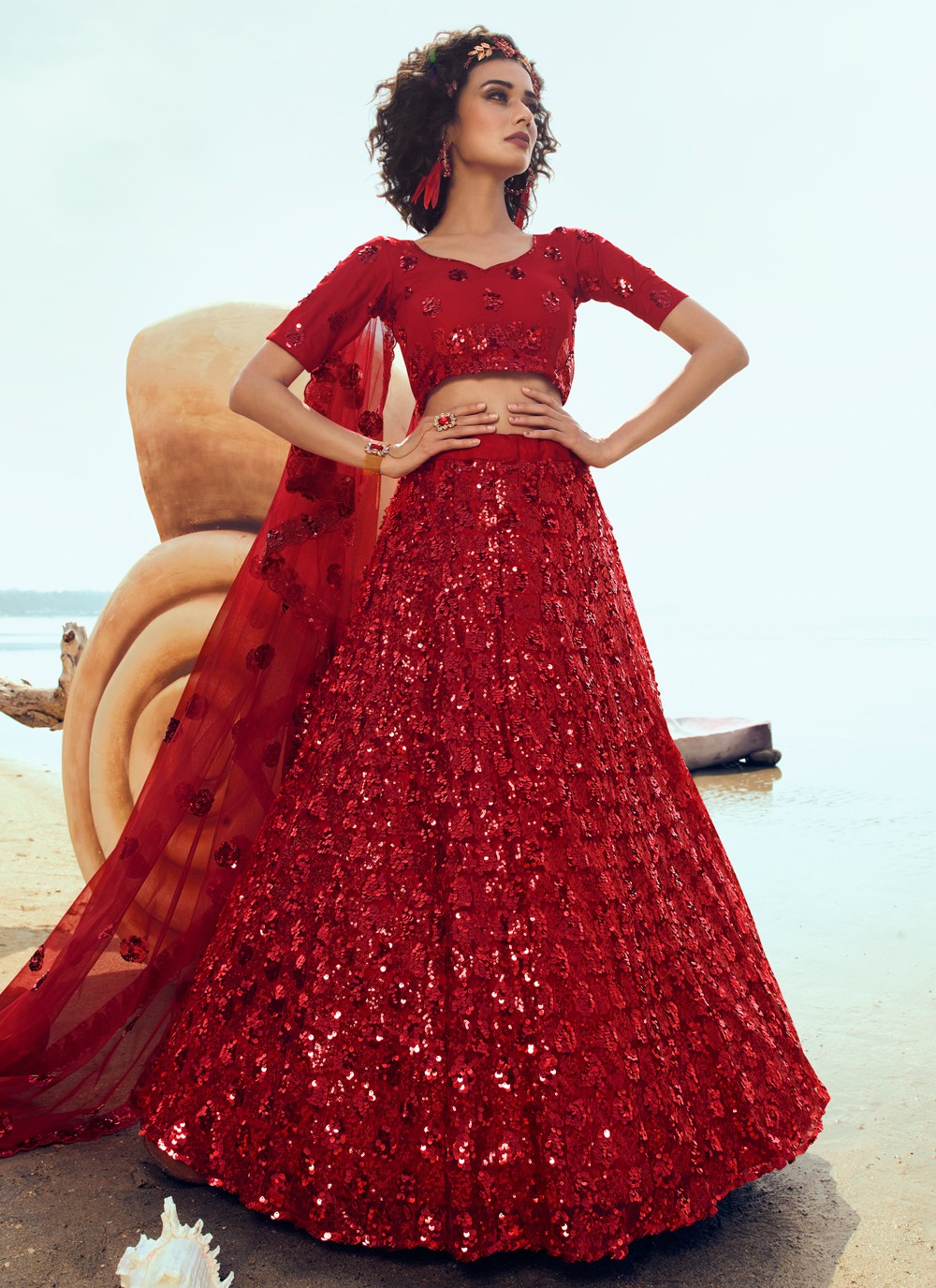 Red Sequins Net Designer Lehenga Choli