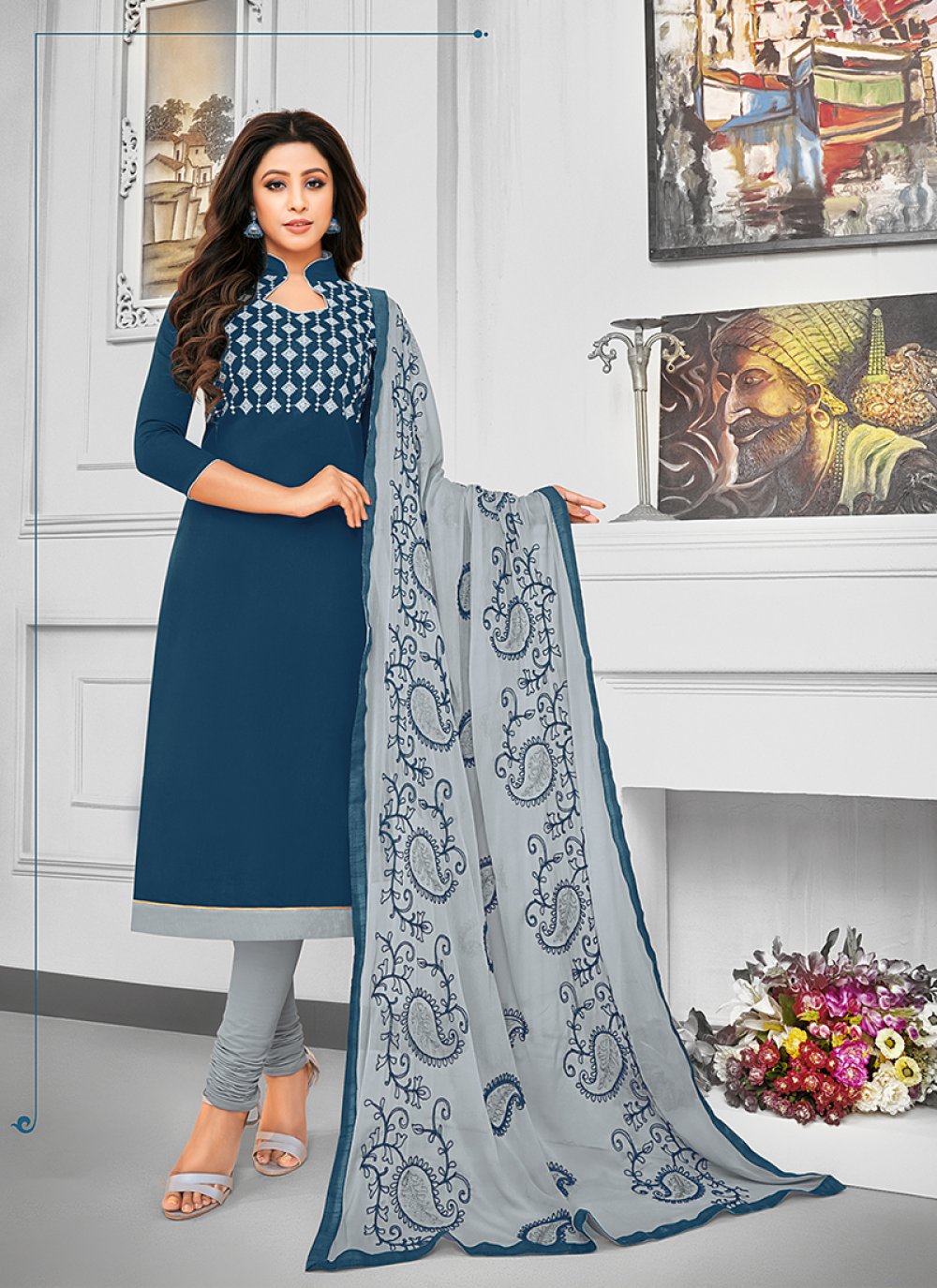 Buy Resham Navy Blue Cotton Salwar Kameez 141107 