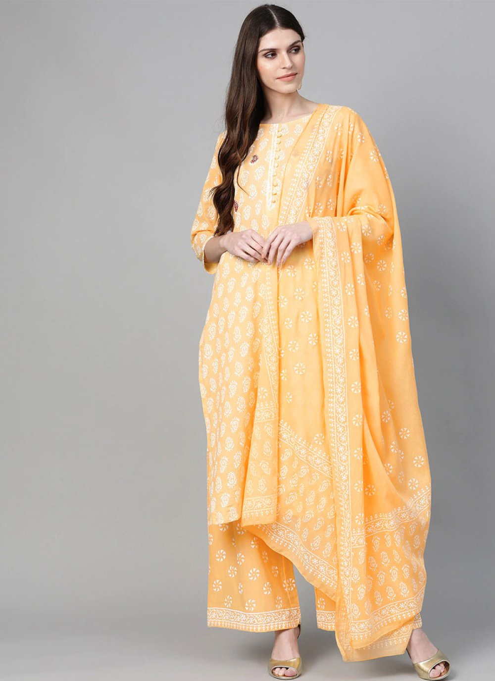 Buy Salwar Suit Print Cotton in Yellow : 157073