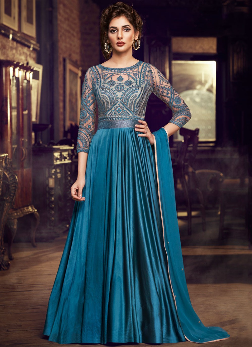 Buy Online Satin Blue Embroidered Designer Gown : 144341 - Gown