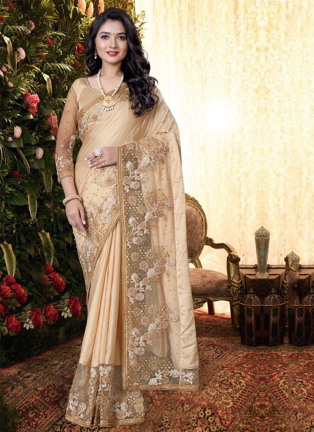 Shop Online Satin Cream Classic Saree 164691