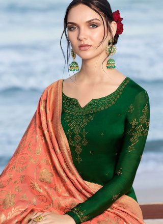 Satin Embroidered Green Salwar Suit