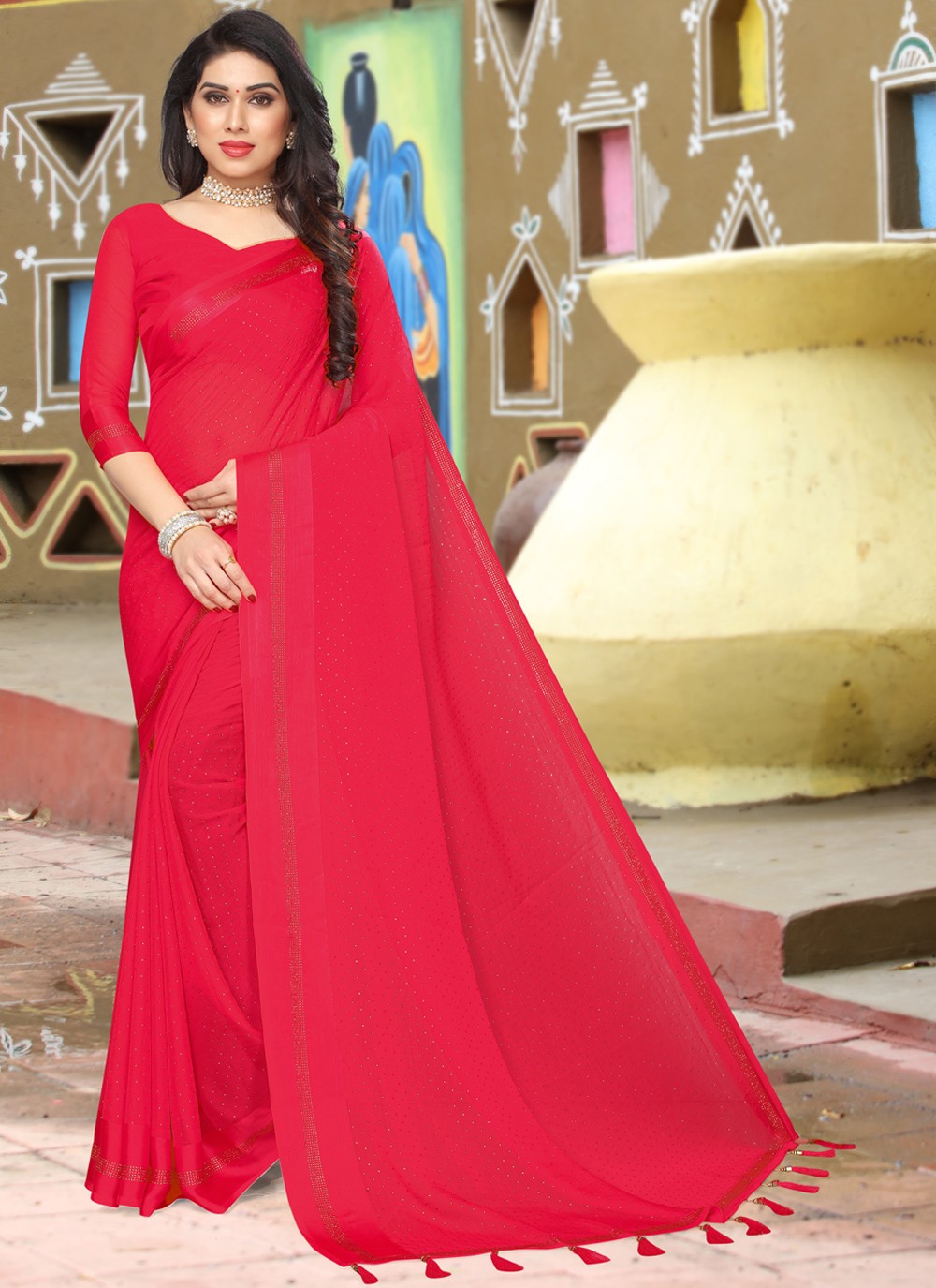 Buy Maroon Red Chiffon Saree with Embellishments and Satin Border