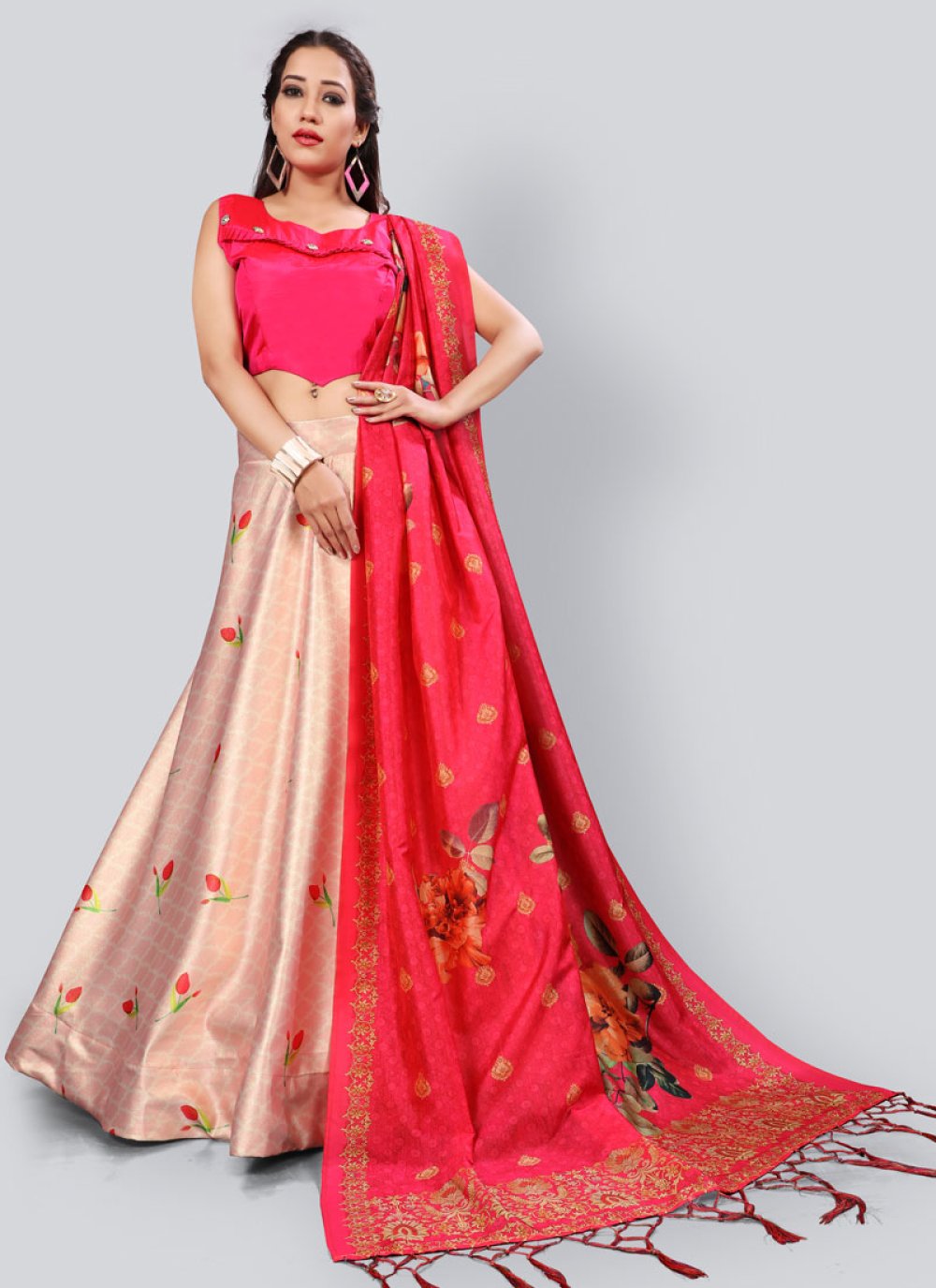 Buy Online Satin Silk Pink Digital Print Designer A Line Lehenga Choli ...