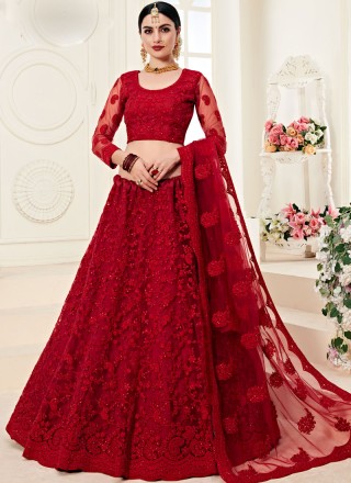 Satin Silk Red Embroidered Trendy A Line Lehenga Choli