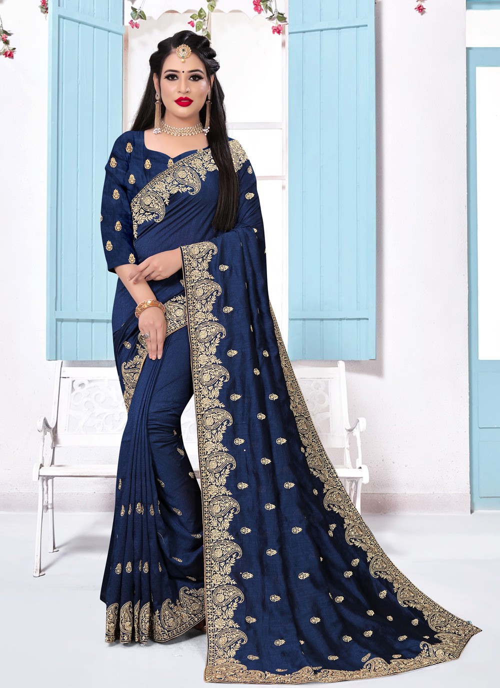 Buy Silk Designer Saree in Navy Blue Online : 169417 -
