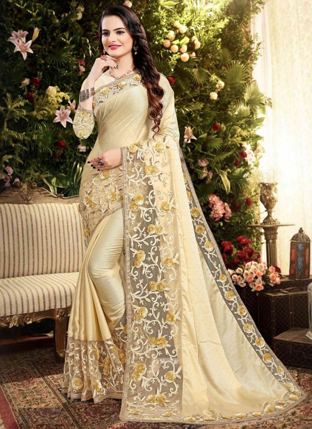 Buy Silk Embroidered Trendy Saree in Cream : 150257 -