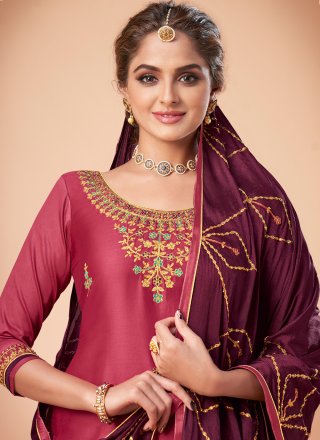 Silk Maroon Embroidered Trendy Salwar Suit