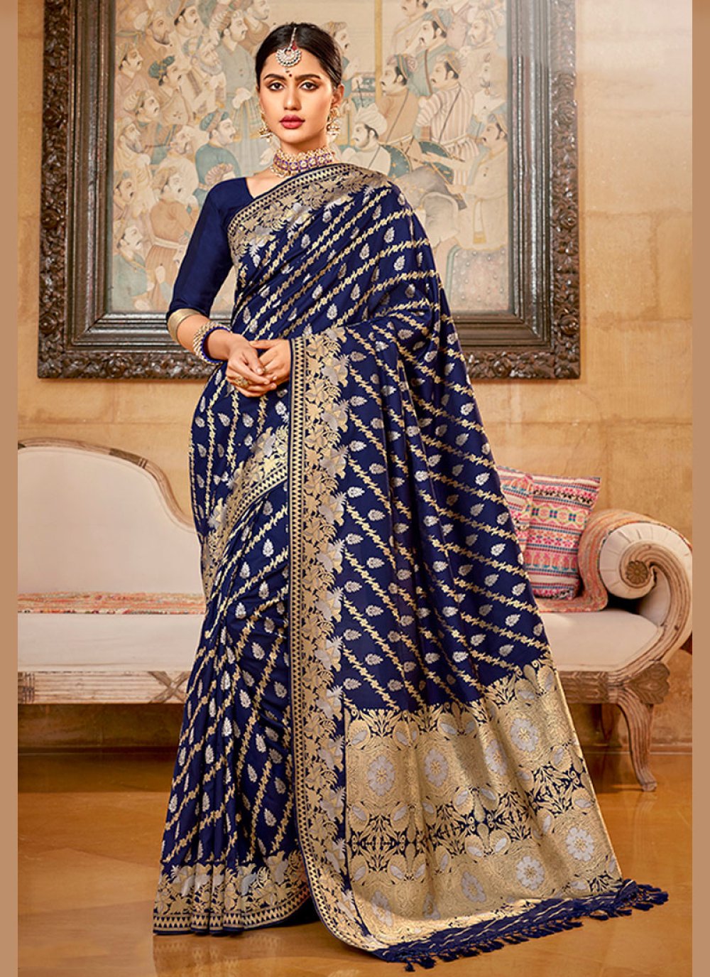 Silk Navy Blue Embroidered Silk Saree buy online